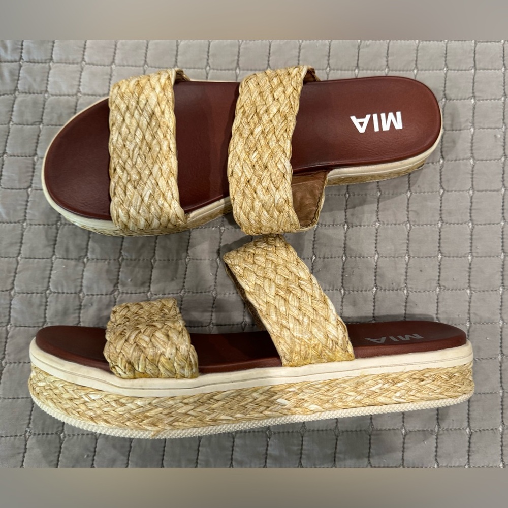 MIA Braided Natural Straw Double-Strap Platform Sandals